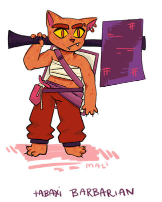 drawing of an orange cat person with an axe