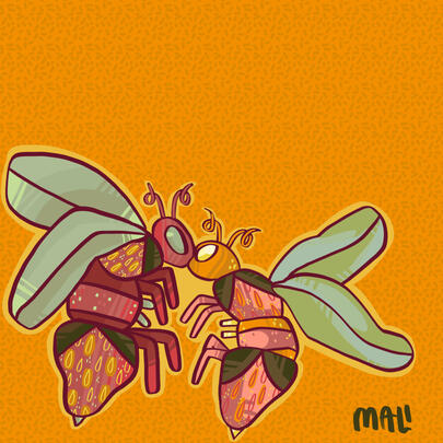 drawing of two strawberry bees