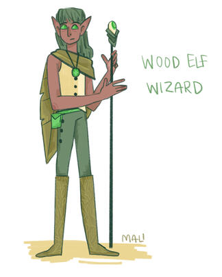 drawing of an elf with brown skin and green hair