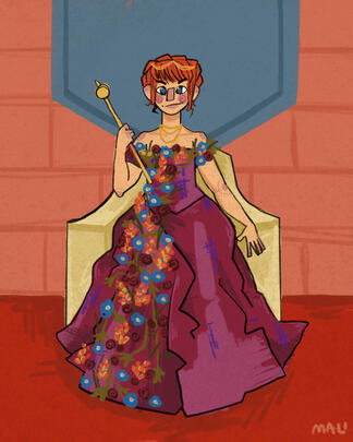 drawing of a red haired woman on a gold throne